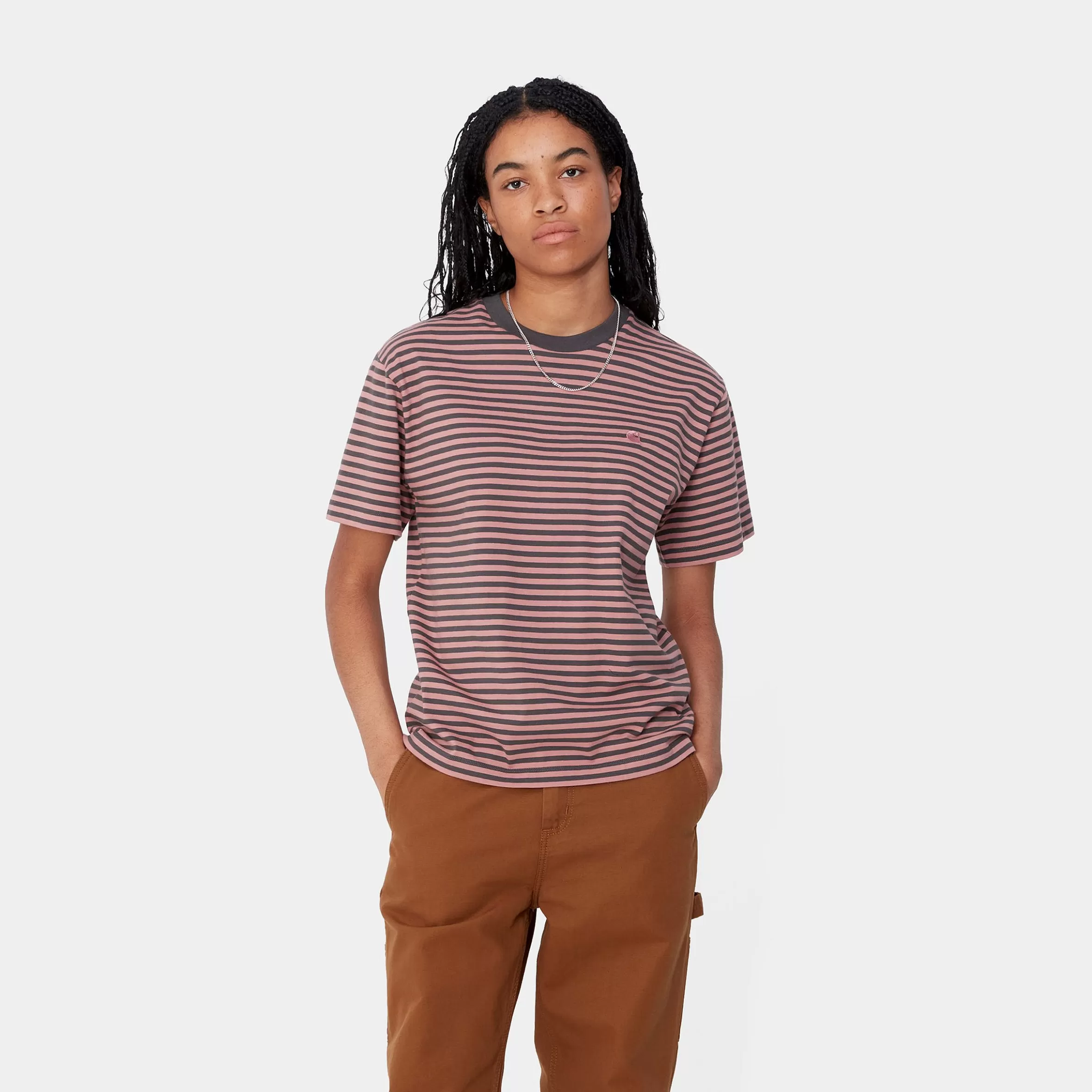 Carhartt WIP T-Shirts>W' S/S Verner T-Shirt Verner Stripe, Graphite / Dusty Rose